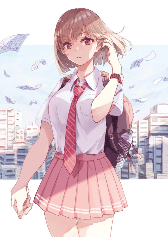 Anime Girl in School Uniform — Pink, Calm, Afternoon, Digital Art
