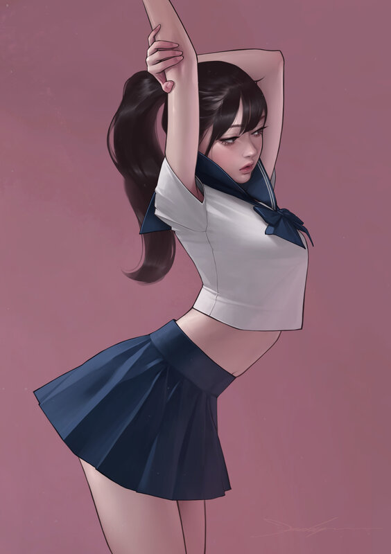 Anime Girl in School Uniform — Pink, Calm, Digital Art, School Uniform