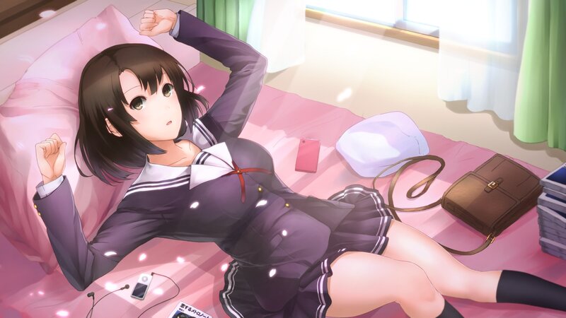 Anime Girl in School Uniform — Pink, Calm, Morning, Bed
