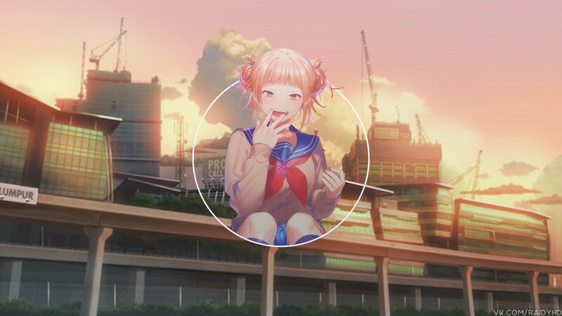 Anime Girl in School Uniform — Pink, Dramatic, Sunset, Cityscape