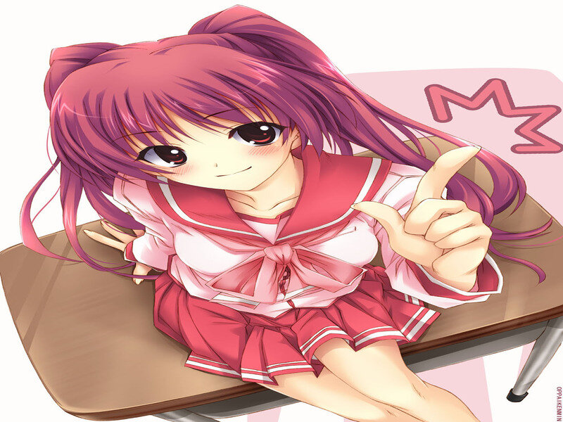 Anime Girl in School Uniform — Pink, Playful, School Desk