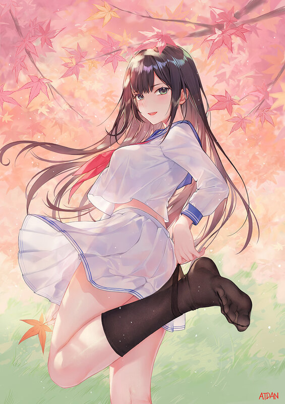 Anime Girl in School Uniform — Pink, Serene, Autumn, Digital Art