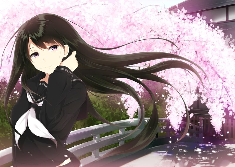 Anime Girl in School Uniform — Pink, Serene, Spring, Cherry Blossoms, Bridge