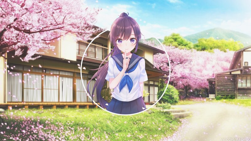 Anime Girl in School Uniform — Pink, Serene, Spring, Cherry Blossoms, House