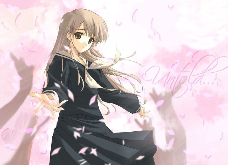 Anime Girl in School Uniform — Pink, Serene, Spring, Cherry Blossoms, School Uniform, Text