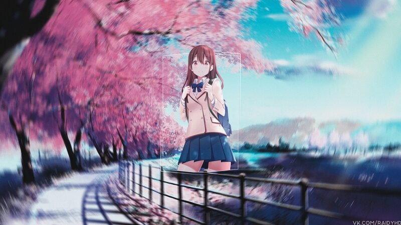 Anime Girl in School Uniform — Pink, Serene, Spring, Digital Art, Cherry Blossoms, River