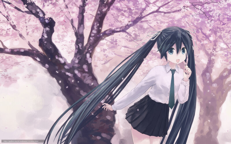 Anime Girl in School Uniform — Pink, Serene, Spring, Digital Art, Cherry Blossoms, Tree