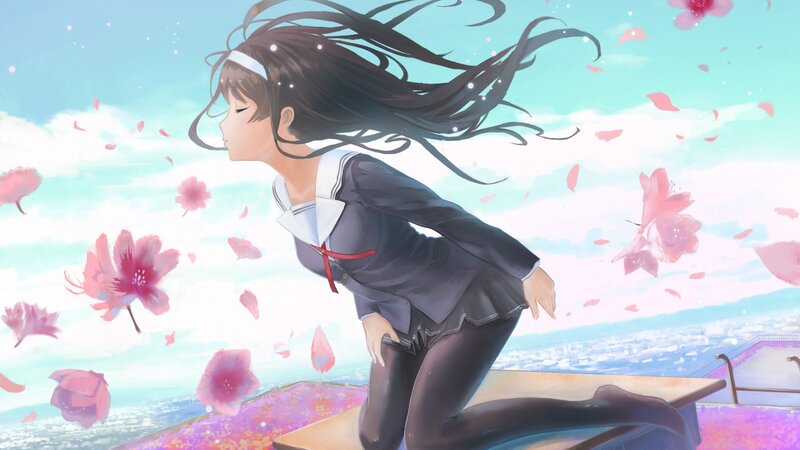 Anime Girl in School Uniform — Pink, Serene, Spring, Digital Art, Cherry Blossoms, Wind