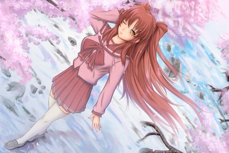 Anime Girl in School Uniform — Pink, Serene, Spring, Digital Art