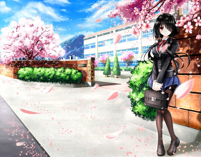 Anime Girl in School Uniform — Pink, Serene, Spring, School Building