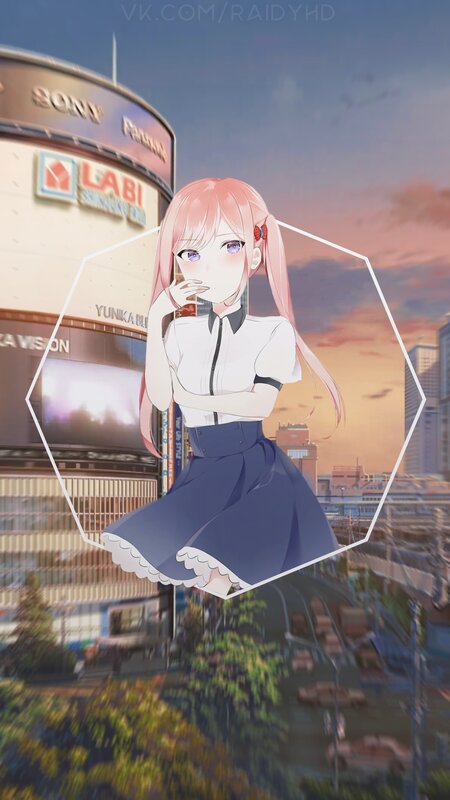 Anime Girl in School Uniform — Pink, Serene, Sunset, Cityscape