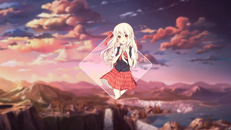 Anime Girl in School Uniform — Pink, Serene, Sunset, Mountains