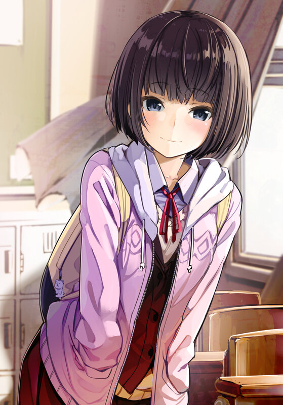 Anime Girl in School Uniform — Purple, Calm, Afternoon, Digital Art, School Locker