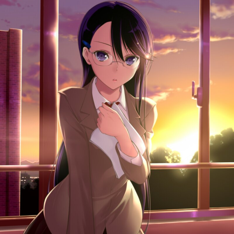Anime Girl in School Uniform — Purple, Calm, Sunset, Glasses