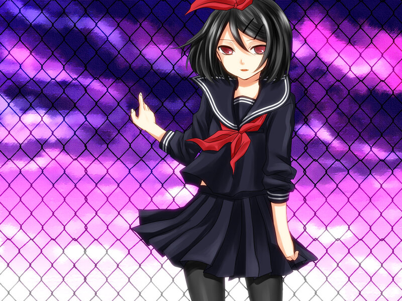 Anime Girl in School Uniform — Purple, Dramatic, Night, Chain-link Fence