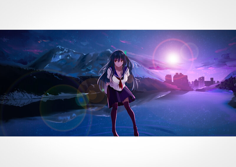 Anime Girl in School Uniform — Purple, Dramatic, Night, Digital Art, Mountains