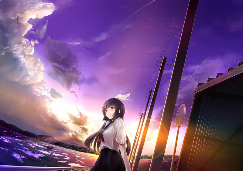 Anime Girl in School Uniform — Purple, Dramatic, Sunset, Digital Art, Clouds