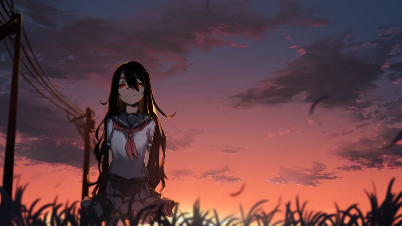 Anime Girl in School Uniform — Purple, Dramatic, Sunset, Digital Art, Sky