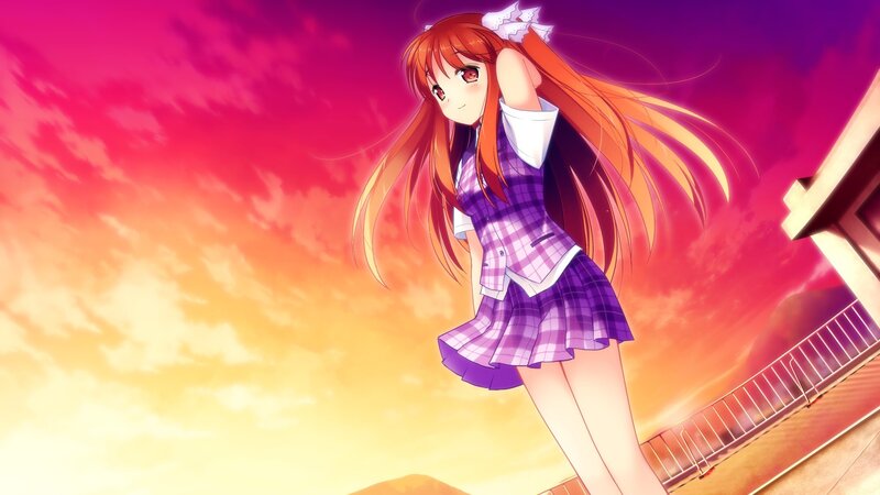 Anime Girl in School Uniform — Purple, Dramatic, Sunset, School Uniform, Building, Pink