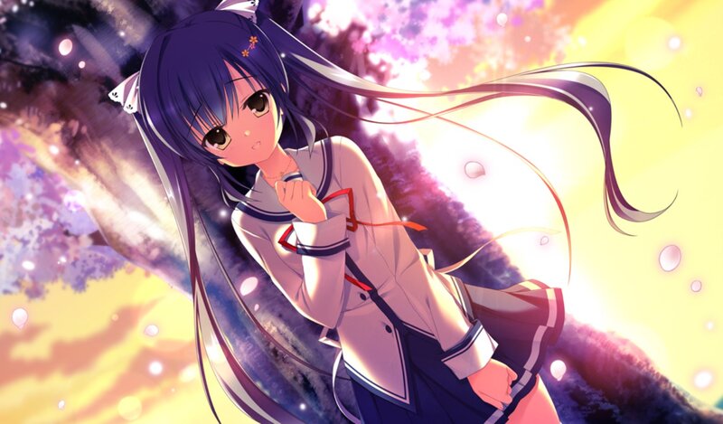 Anime Girl in School Uniform — Purple, Dramatic, Sunset, School Uniform, Cat Ears