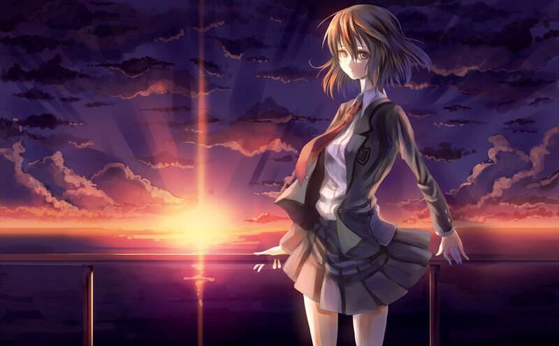 Anime Girl in School Uniform — Purple, Dramatic, Sunset, School Uniform, Clouds
