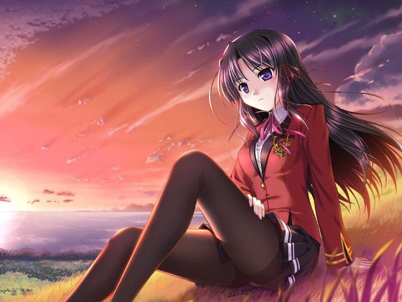 Anime Girl in School Uniform — Purple, Dramatic, Sunset, School Uniform, Grass Field