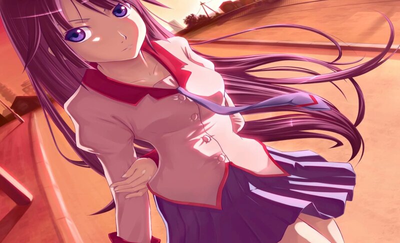 Anime Girl in School Uniform — Purple, Dramatic, Sunset