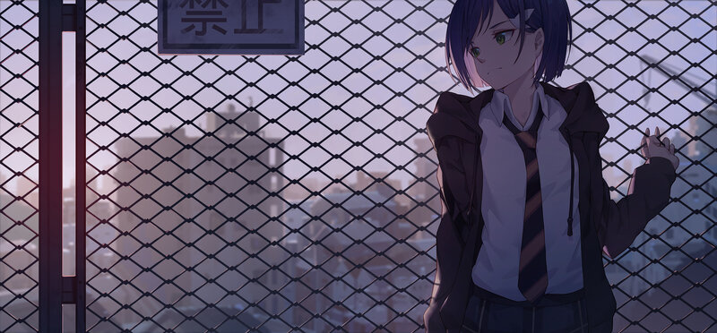 Anime Girl in School Uniform — Purple, Melancholic, Sunset