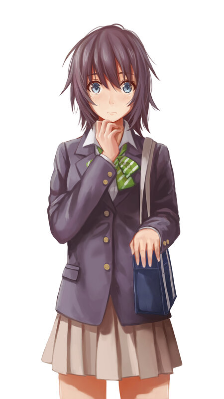 Anime Girl in School Uniform — Purple, Neutral, Digital Art, School Bag