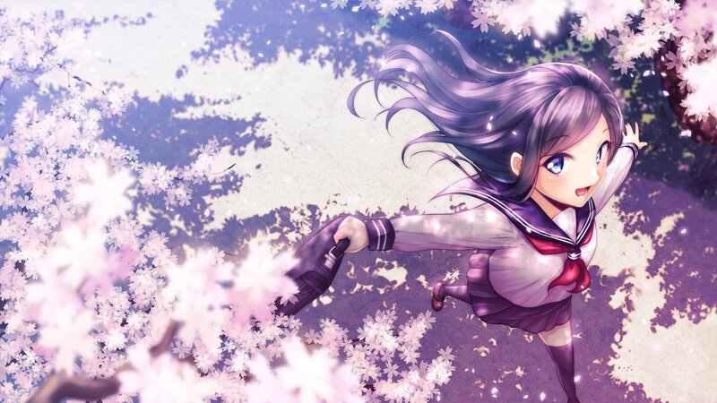 Anime Girl in School Uniform — Purple, Playful, Spring, Digital Art