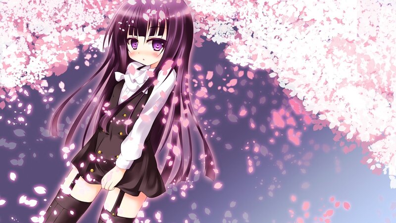 Anime Girl in School Uniform — Purple, Serene, Spring, Cherry Blossoms