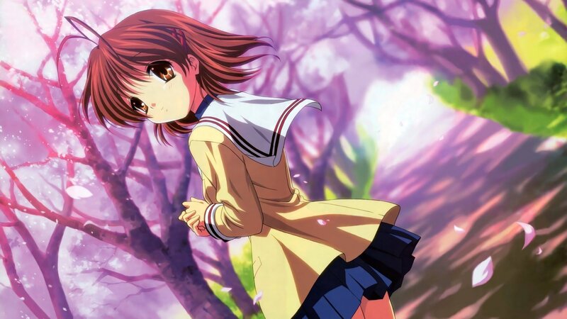Anime Girl in School Uniform — Purple, Serene, Spring, Cherry Blossoms, Trees