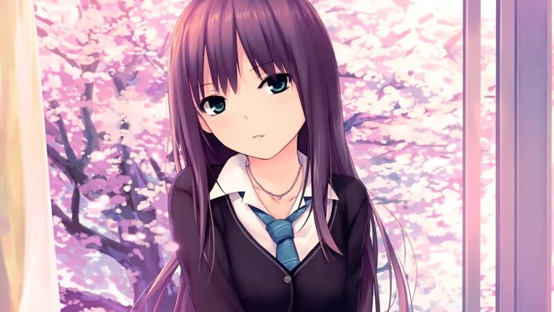 Anime Girl in School Uniform — Purple, Serene, Spring, Cherry Blossoms, Window