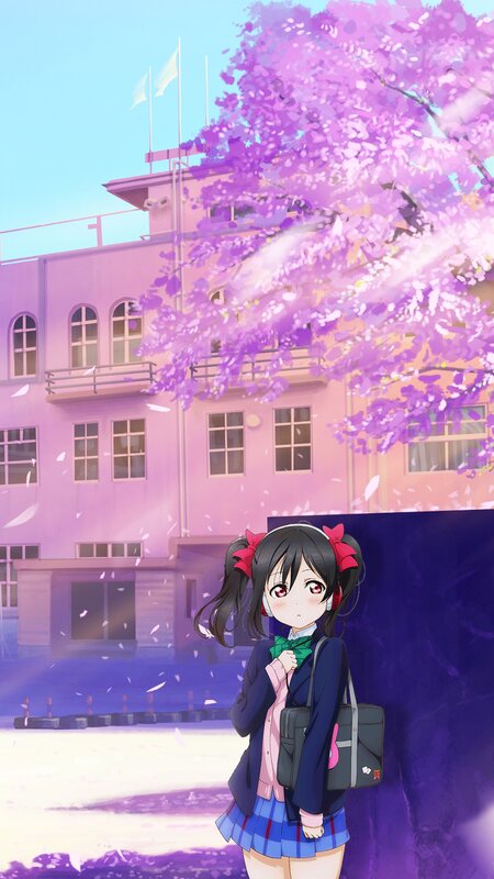 Anime Girl in School Uniform — Purple, Serene, Spring, School Building