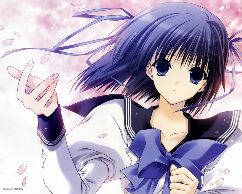 Anime Girl in School Uniform — Purple, Serene, Spring, School Uniform, Cherry Blossoms
