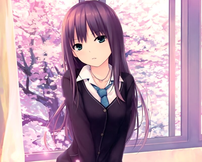 Anime Girl in School Uniform — Purple, Serene, Spring, School Uniform, Cherry Blossoms, Window