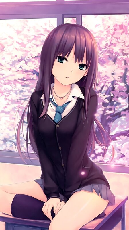 Anime Girl in School Uniform — Purple, Serene, Spring, School Uniform