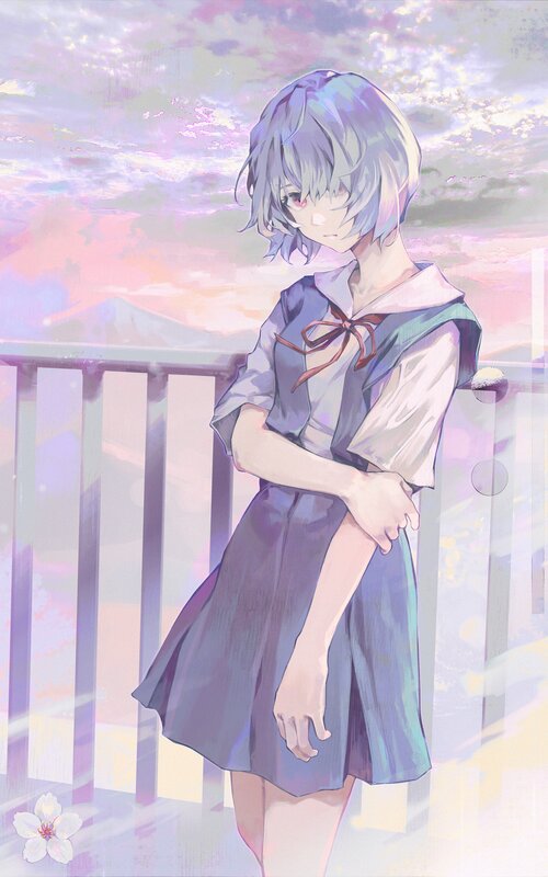 Anime Girl in School Uniform — Purple, Serene, Sunset, Digital Art, School Uniform, Balcony