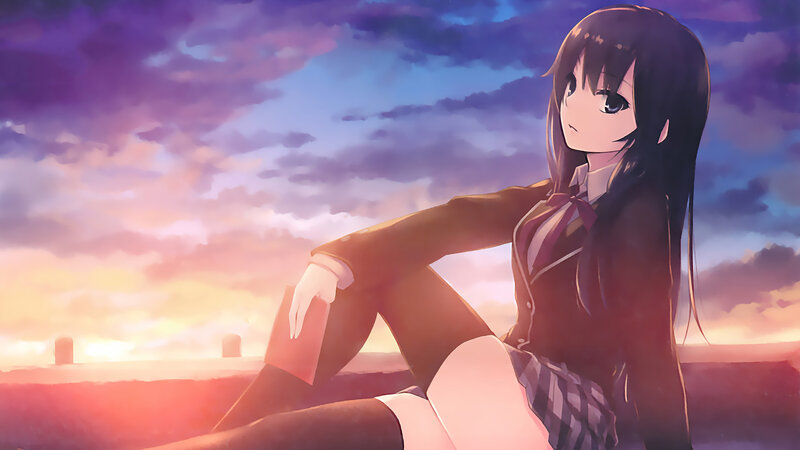 Anime Girl in School Uniform — Purple, Serene, Sunset, School Uniform, Clouds
