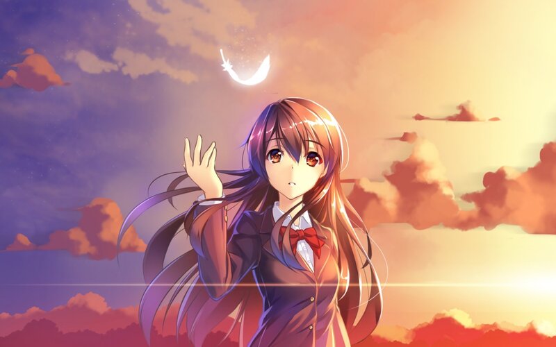 Anime Girl in School Uniform — Purple, Serene, Sunset, School Uniform, Feather