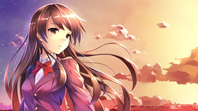 Anime Girl in School Uniform — Purple, Serene, Sunset, School Uniform
