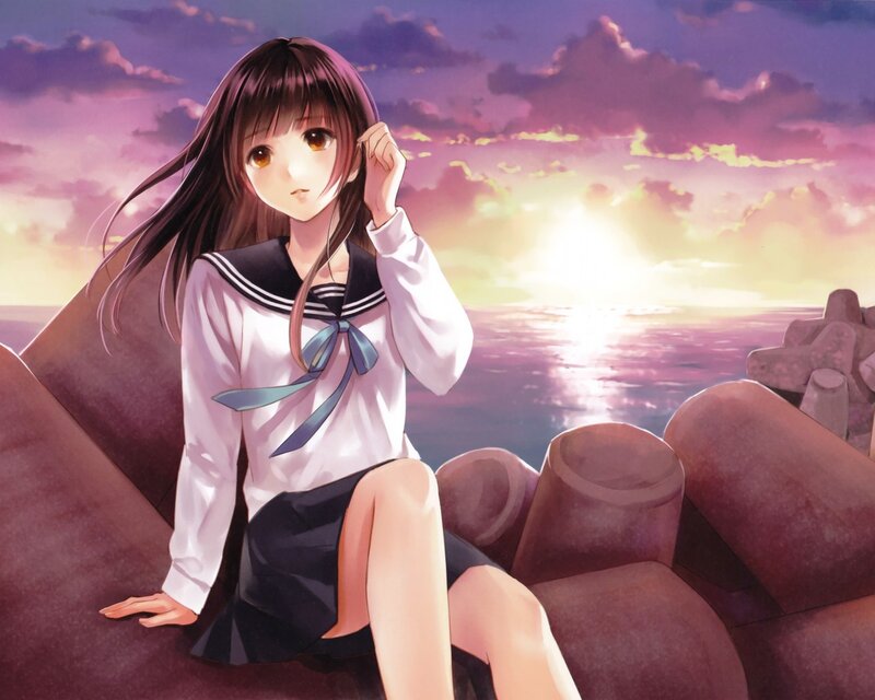 Anime Girl in School Uniform — Purple, Serene, Sunset