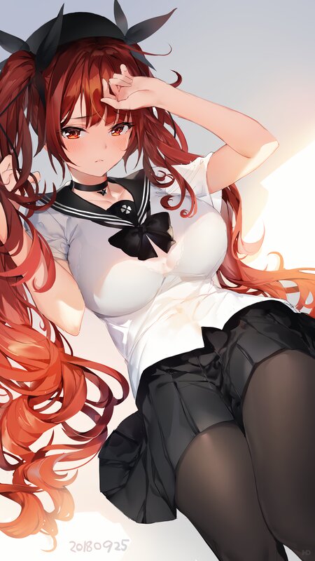 Anime Girl in School Uniform — Red, Calm, Afternoon, Digital Art