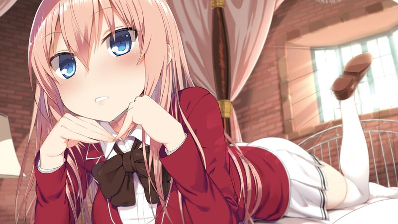 Anime Girl in School Uniform — Red, Calm, Afternoon, School Uniform, Bed