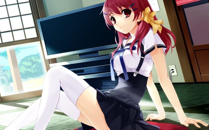 Anime Girl in School Uniform — Red, Calm, Afternoon, Television, Window