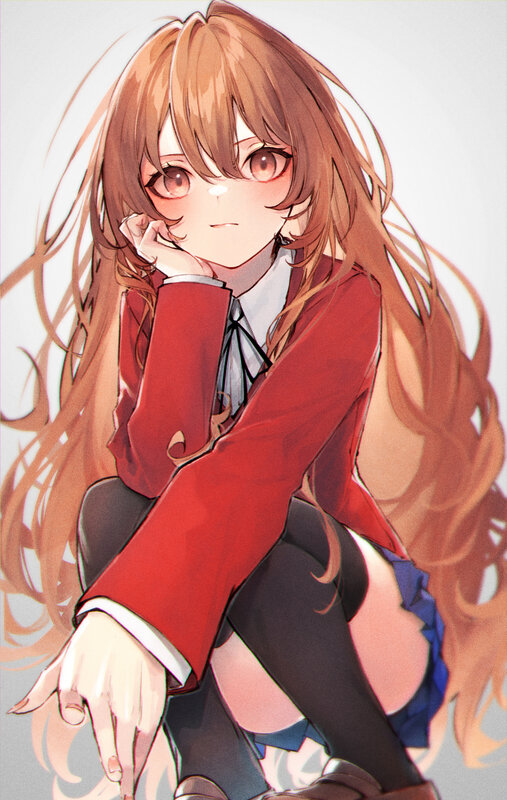Anime Girl in School Uniform — Red, Calm, School Uniform, Long Hair, Blush