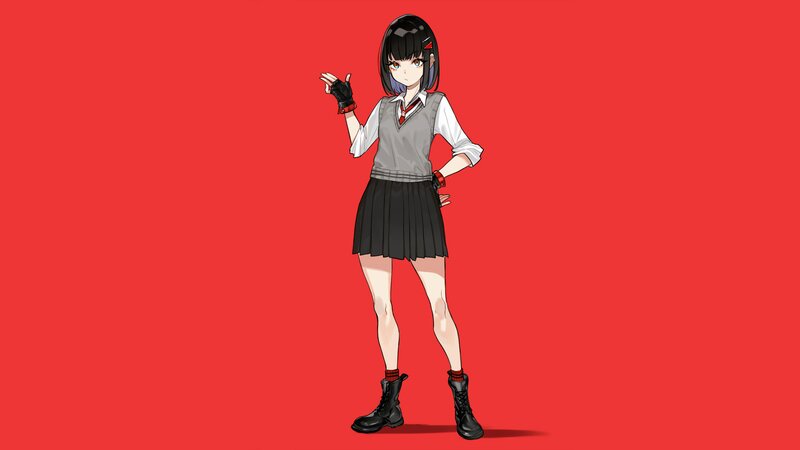 Anime Girl in School Uniform — Red, Confident, School Uniform, Black Boots