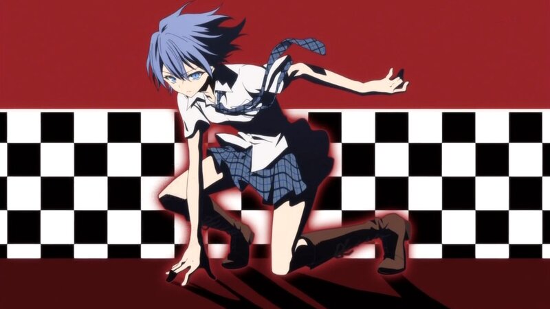 Anime Girl in School Uniform — Red, Dramatic, Checkered Pattern