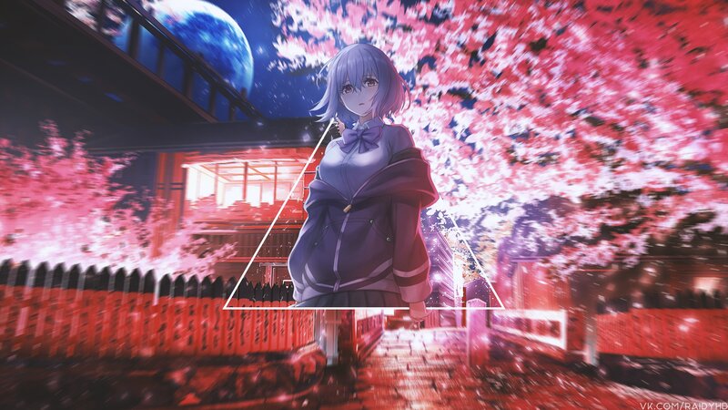 Anime Girl in School Uniform — Red, Dramatic, Night, Digital Art