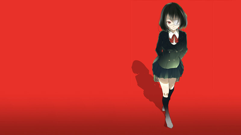 Anime Girl in School Uniform — Red, Dramatic, School Uniform, Red Background, Eye Patch